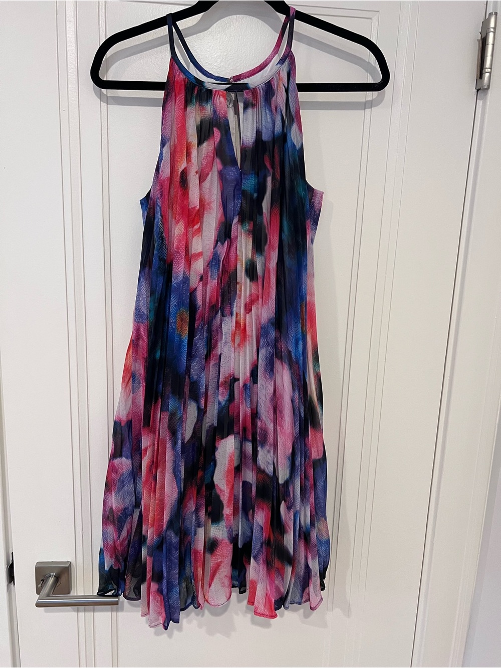 Maggy London Multicolor Pleated Halter Mini Dress in Pink & Blue